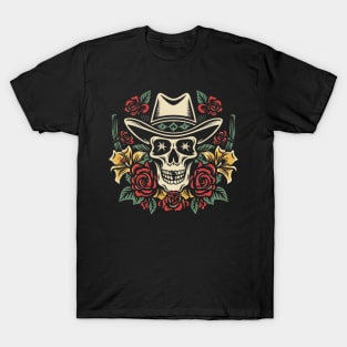 American Traditional Cowboy Skeleton Floral tattoo T-Shirt